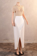 Crew Sheath Formal Prom Dress Ankle-Length Zipper Beads Split Side Short Sleeve Evening Dress