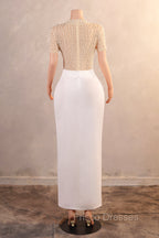 Crew Sheath Formal Prom Dress Ankle-Length Zipper Beads Split Side Short Sleeve Evening Dress