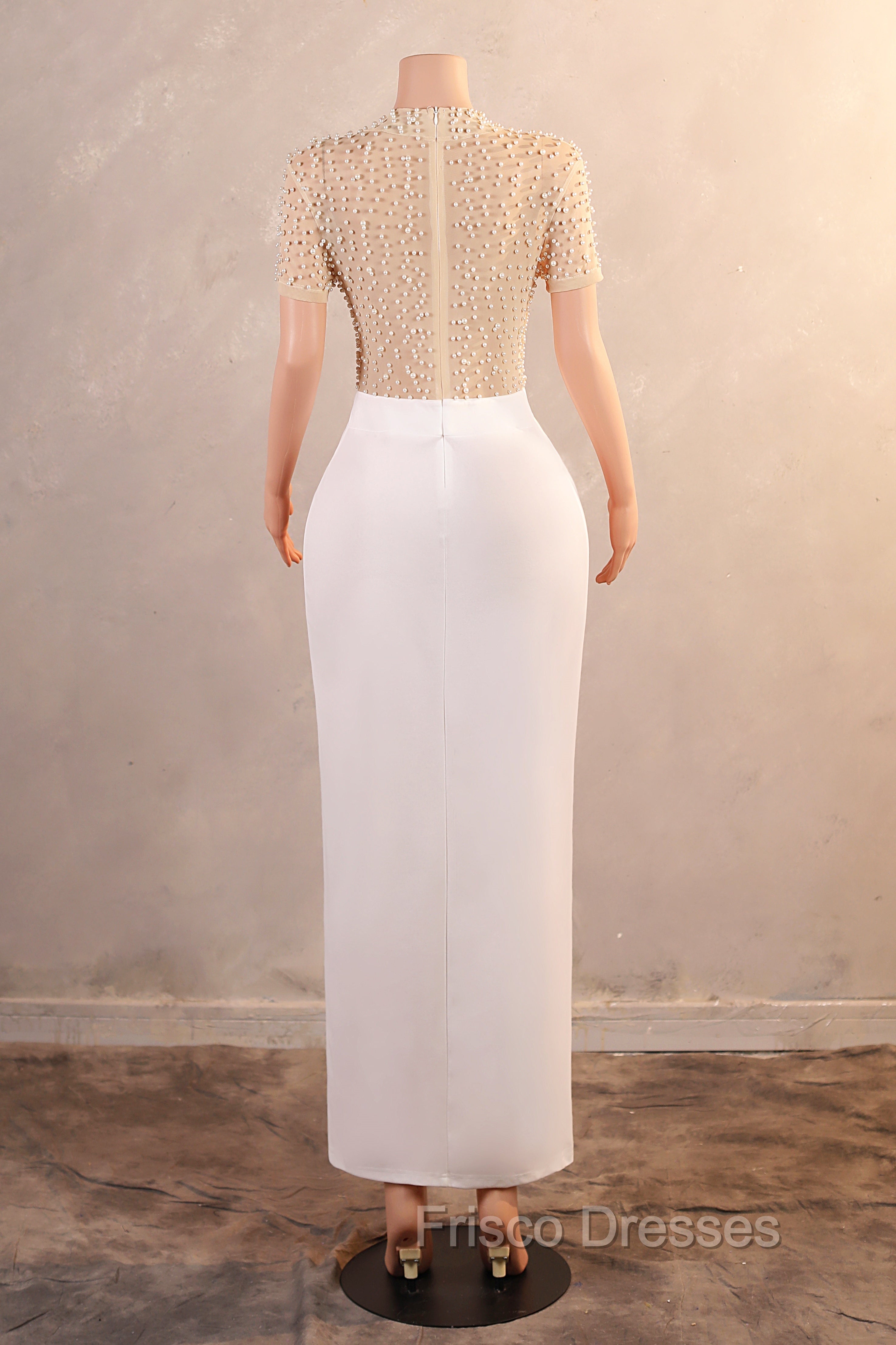 Crew Sheath Formal Prom Dress Ankle-Length Zipper Beads Split Side Short Sleeve Evening Dress