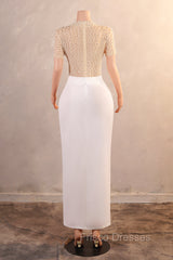 Crew Sheath Formal Prom Dress Ankle-Length Zipper Beads Split Side Short Sleeve Evening Dress