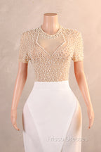 Crew Sheath Formal Prom Dress Ankle-Length Zipper Beads Split Side Short Sleeve Evening Dress