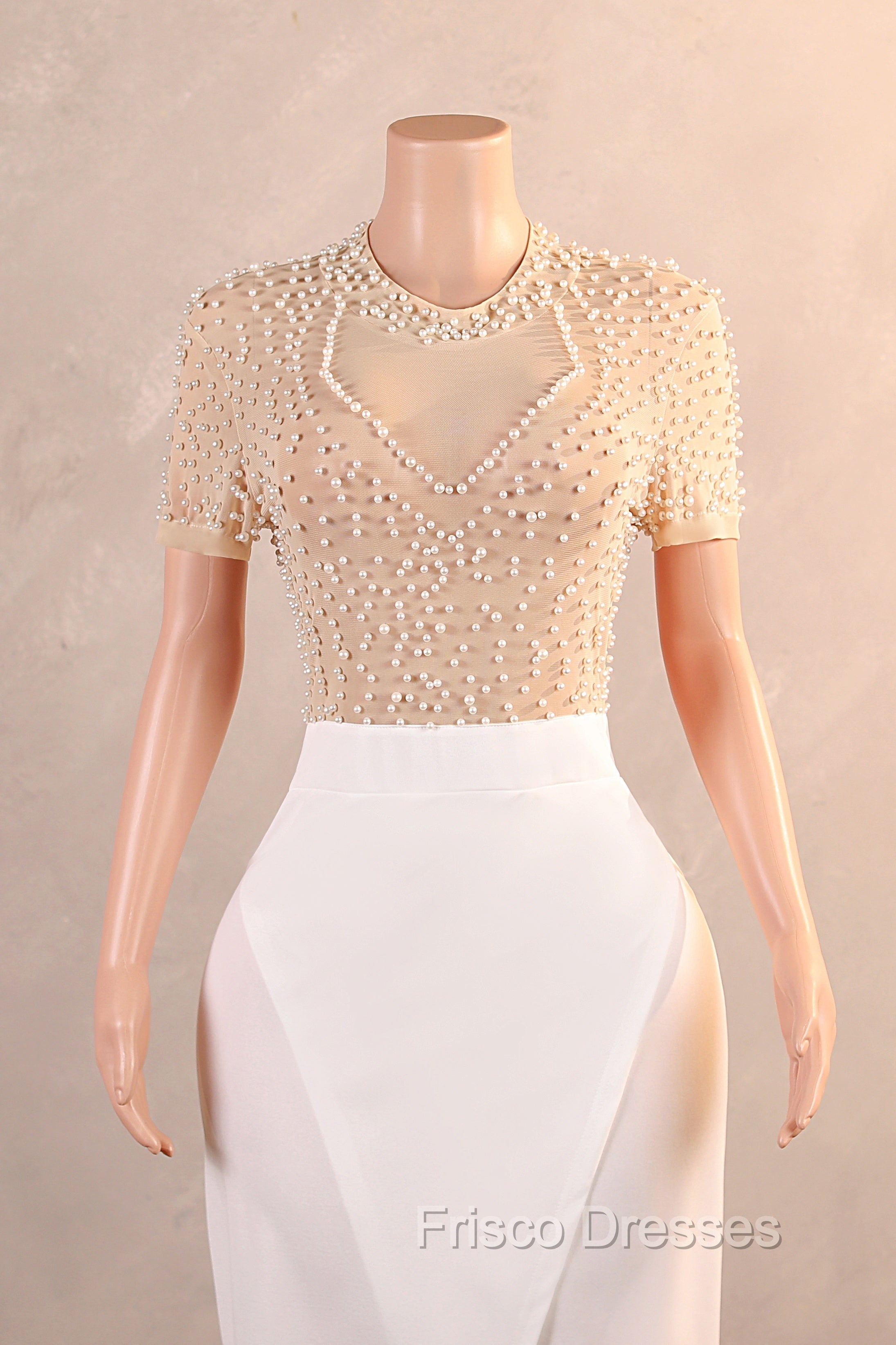 Crew Sheath Formal Prom Dress Ankle-Length Zipper Beads Split Side Short Sleeve Evening Dress