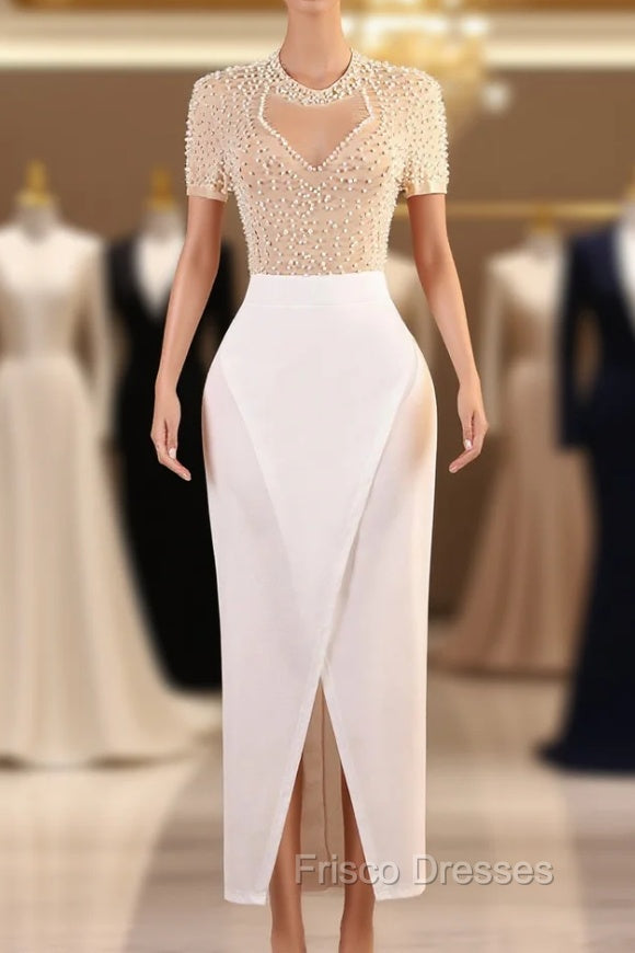 Crew Sheath Formal Prom Dress Ankle-Length Zipper Beads Split Side Short Sleeve Evening Dress