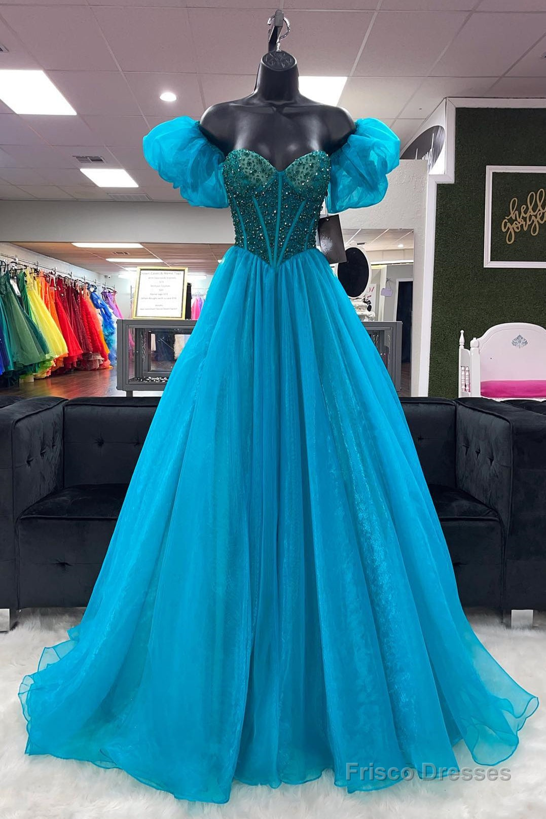 Blue Off-the-Shoulder Beaded A-line Tulle Long Prom Dress Main image