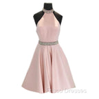 Crystal Beaded High Neck Short Pink Satin Homecoming Dress