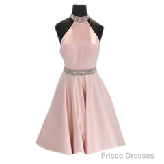 Crystal Beaded High Neck Short Pink Satin Homecoming Dresses