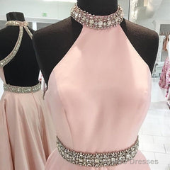 Crystal Beaded High Neck Short Pink Satin Homecoming Dresses