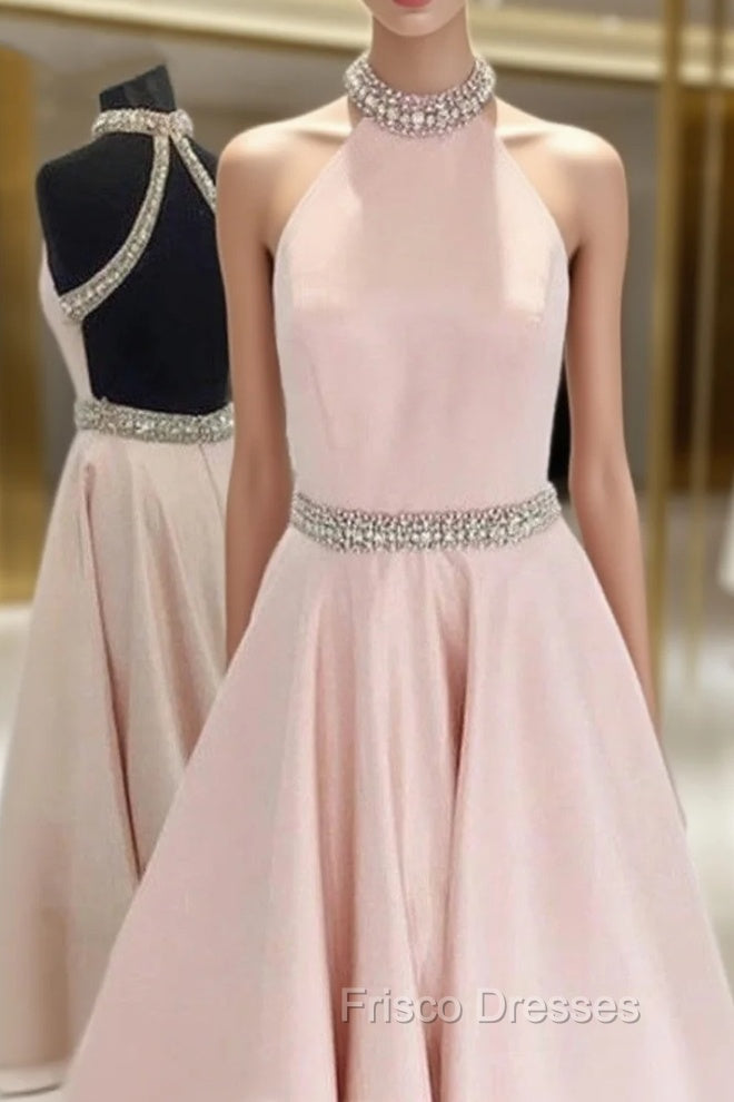 Crystal Beaded High Neck Short Pink Satin Homecoming Dress Main image