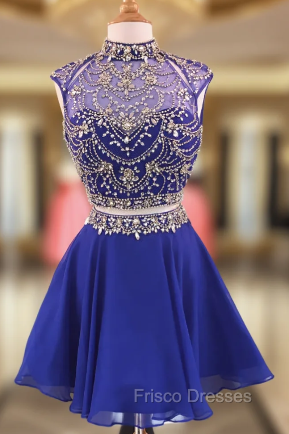 Crystal Beaded High Neck Two Piece Homecoming Dress in Royal Blue Chiffon Main image