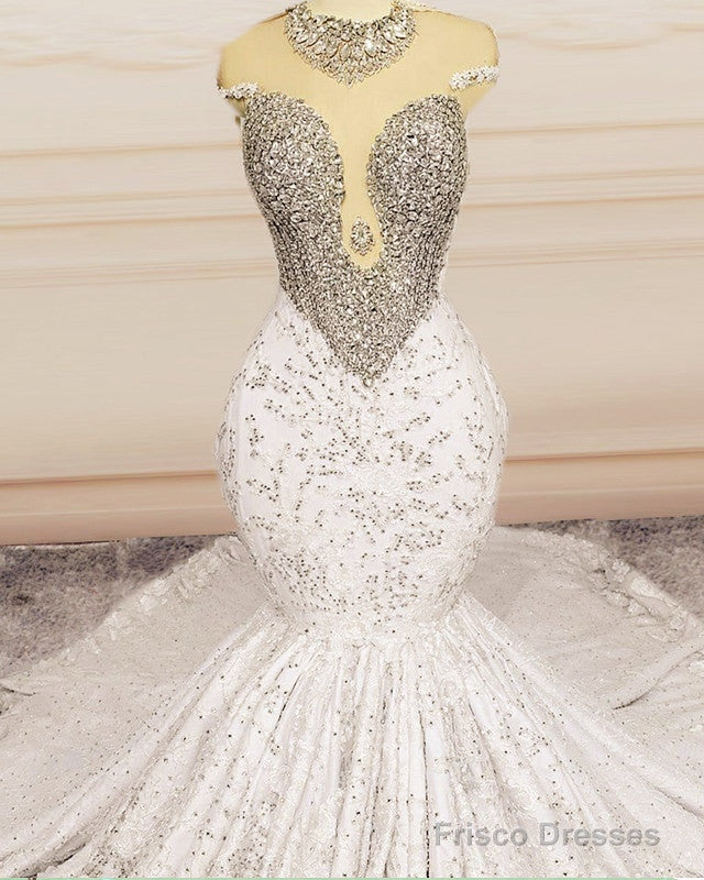 Crystal Beaded Mermaid Lace Wedding Dress Cap Sleeves Secondary image