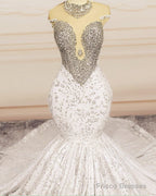 Crystal Beaded Mermaid Lace Wedding Dress Cap Sleeves