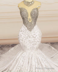 Crystal Beaded Mermaid Lace Wedding Dress Cap Sleeves