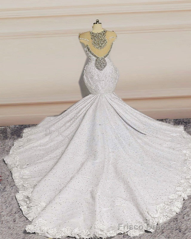 Crystal Beaded Mermaid Lace Wedding Dress Cap Sleeves