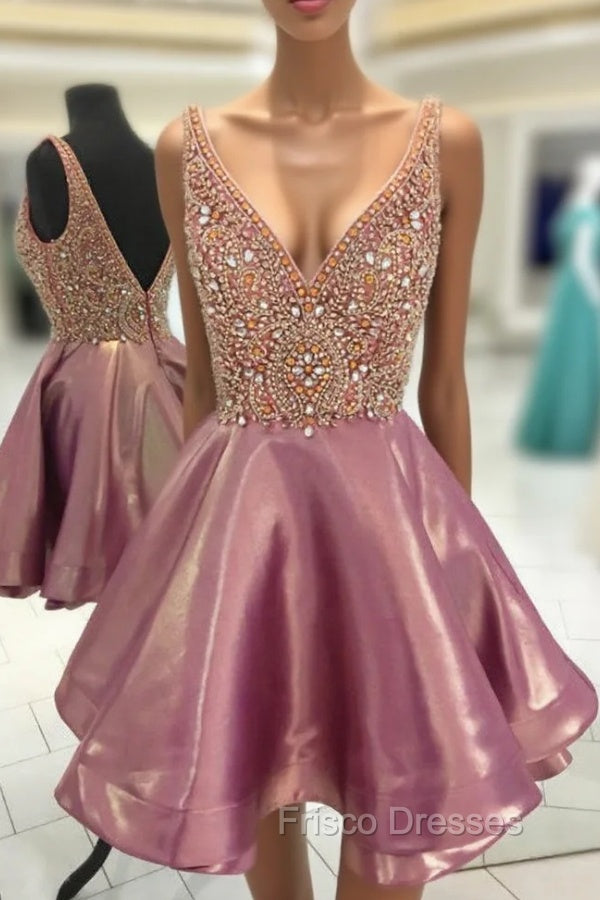 Crystal Beaded V Neck Satin Homecoming Dress Short Formal Prom Gowns