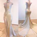 Crystal Halter Side Slit Formal Prom Dress A-Line Backless Sleeveless Formal Dress