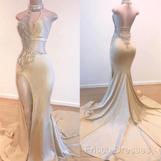 Crystal Halter Side Slit Formal Prom Dress A-Line Backless Sleeveless Formal Dress
