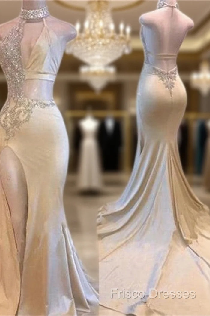 Crystal Halter Side Slit Formal Prom Dress A-Line Backless Sleeveless Formal Dress Main image