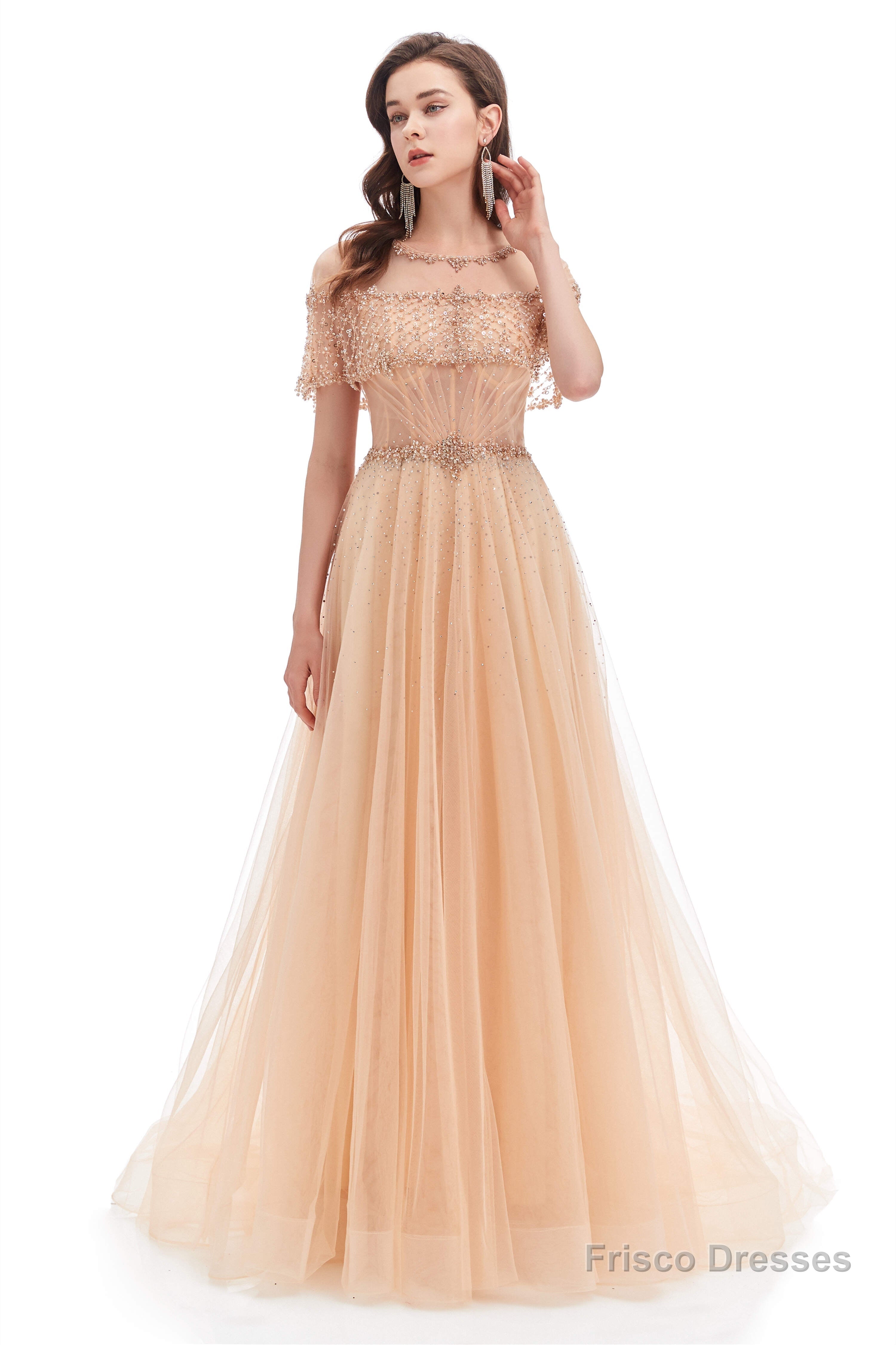 Crystal O-Neck Sleeveless A Line Tulle Prom Dresses Secondary image