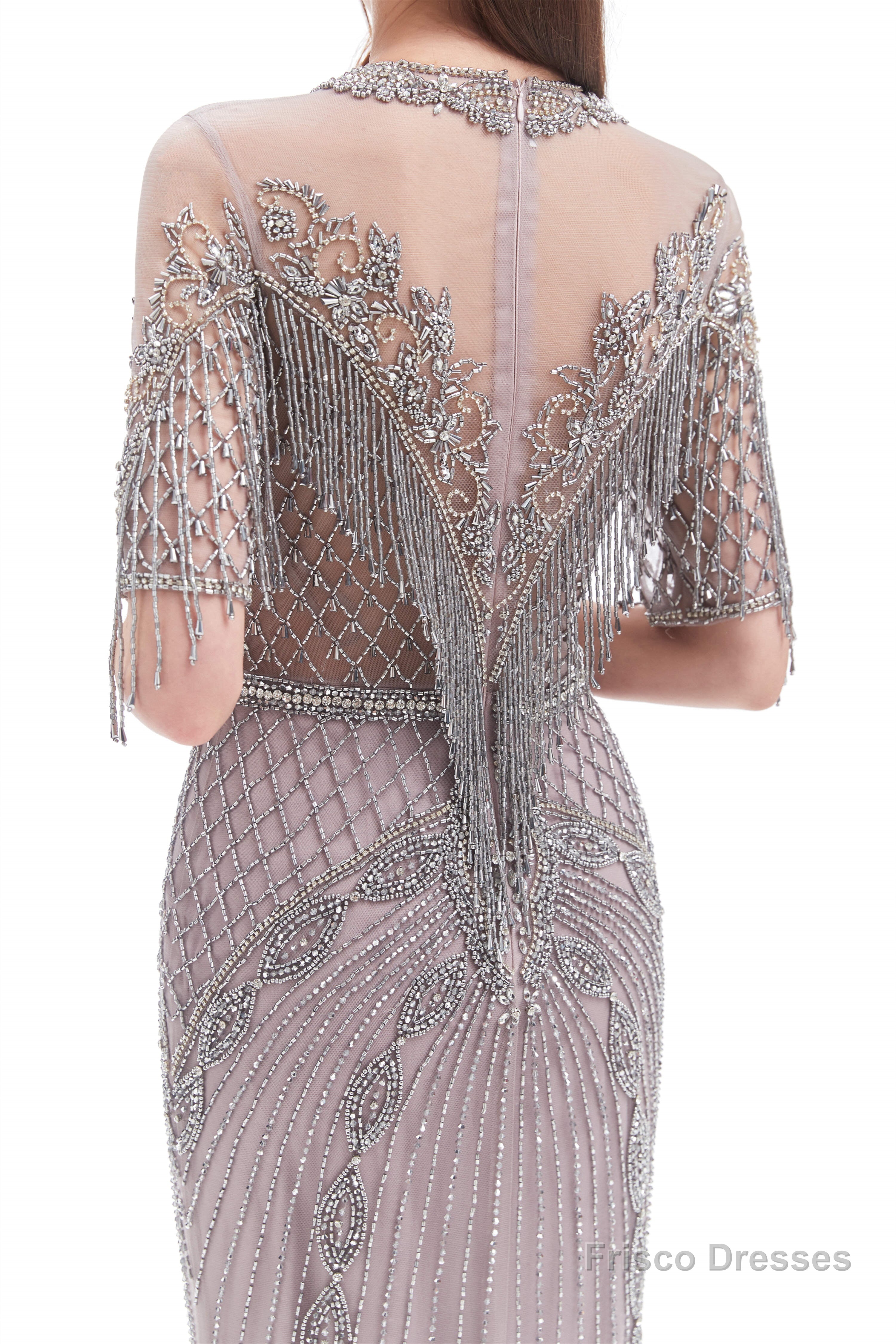 Crystal Tassel Mermaid O Neck Short Sleeves Prom Dresses