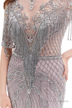 Crystal Tassel Mermaid O Neck Short Sleeves Prom Dresses