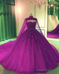 Crystals Purple Ball Gown Prom Dresses With Cape Sweet 16 Quinceanera Dress