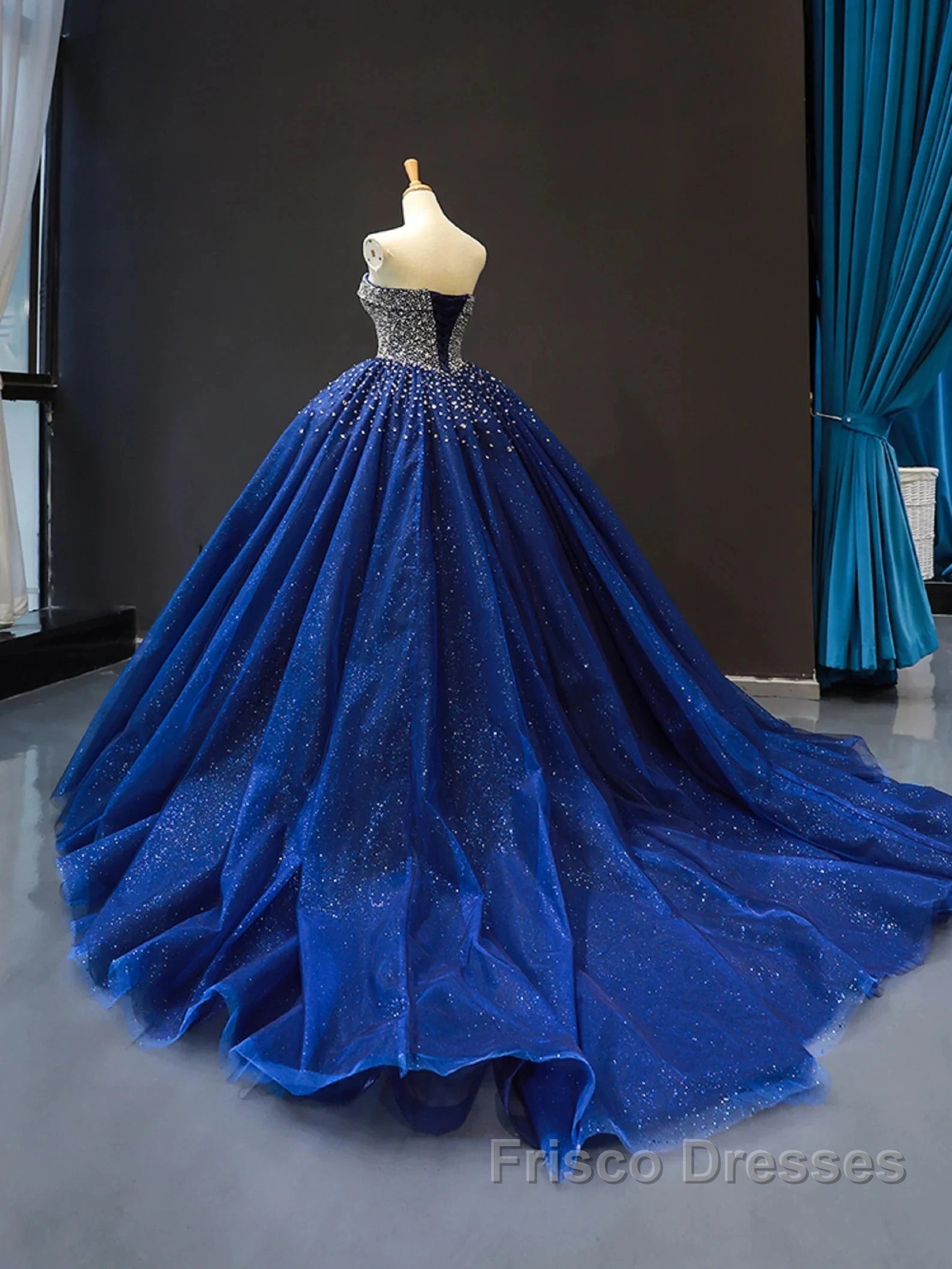 Crystals Sequined Navy Blue Quinceanera Dress Ball Gown Wedding Dress
