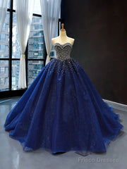 Crystals Sequined Navy Blue Quinceanera Dresses Ball Gown Wedding Dresses