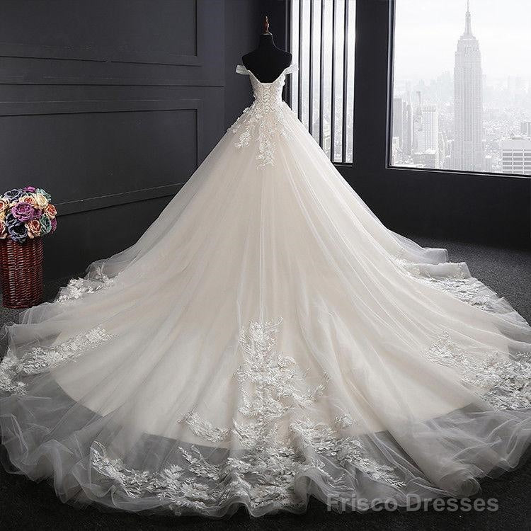 Custom Made A Line Long Tulle Lace Ivory Wedding Dresses With Train Main image