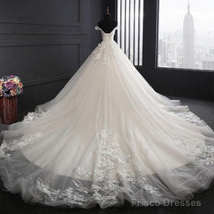 Custom Made A Line Long Tulle Lace Ivory Wedding Dresses With Train