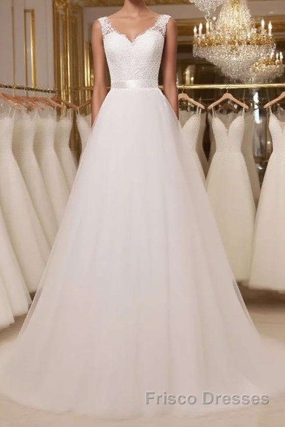 Custom Made A Line Round Neck Lace Tulle White Long Formal Prom Dresses, White Lace Formal Dresses, White Evening Dresses