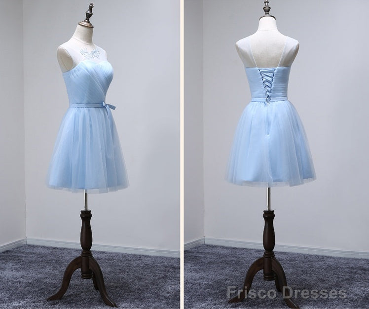 Custom Made A Line Round Neck Short Light Blue Prom Dresses, Short Graduation Dresses, Homecoming Dresses, Short Bridesmaid Dresses