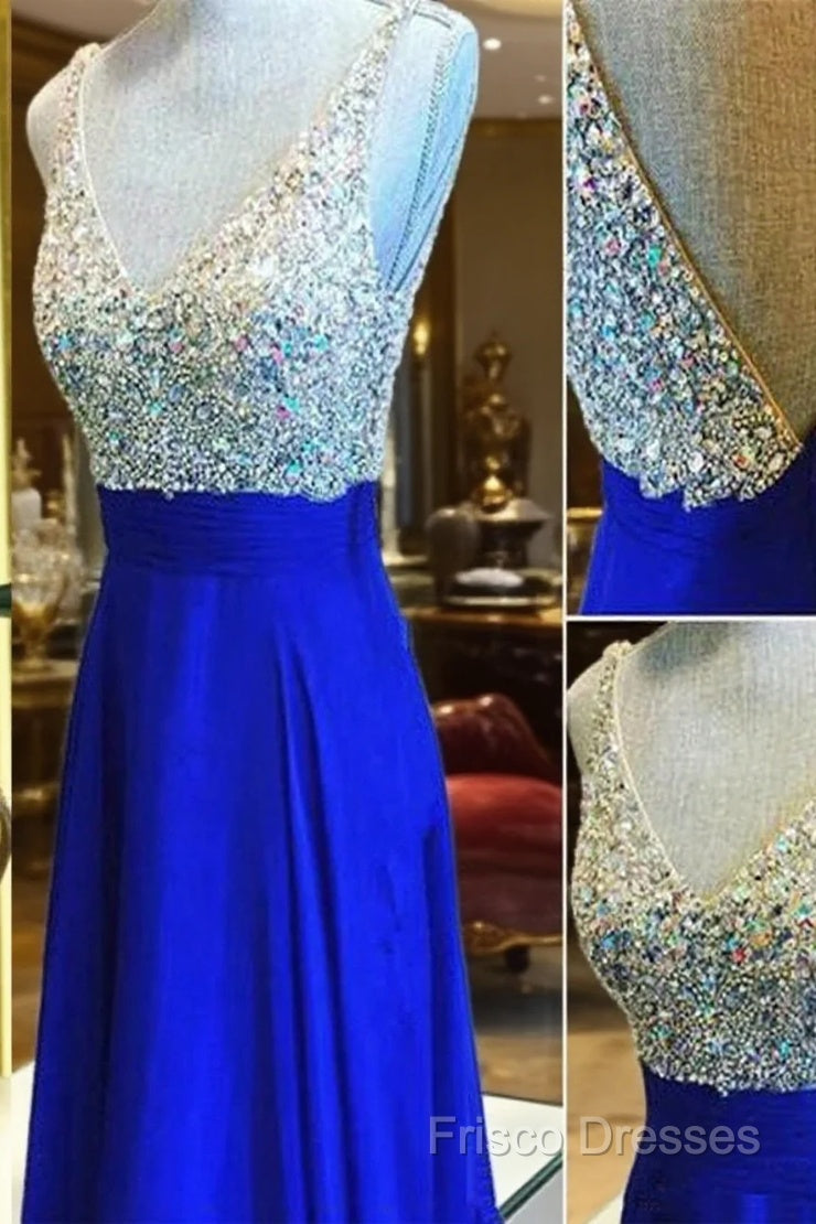 Custom Made A Line V Neck Backless Floor Length Royal Blue Formal Prom Dress, Blue Formal Dress, Blue Bridesmaid Dress