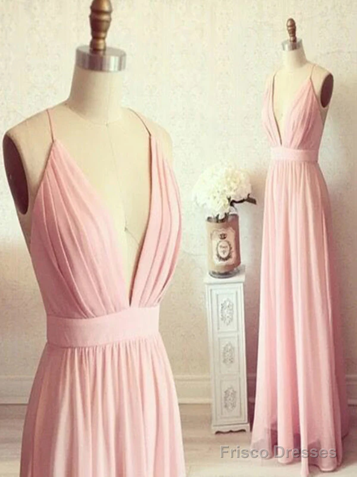 Custom Made A Line V Neck Backless Pink Long Prom Dress, V Neck Backless Formal Dress, Bridesmaid Dress Main image