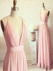 Custom Made A Line V Neck Backless Pink Long Prom Dress, V Neck Backless Formal Dress, Bridesmaid Dress