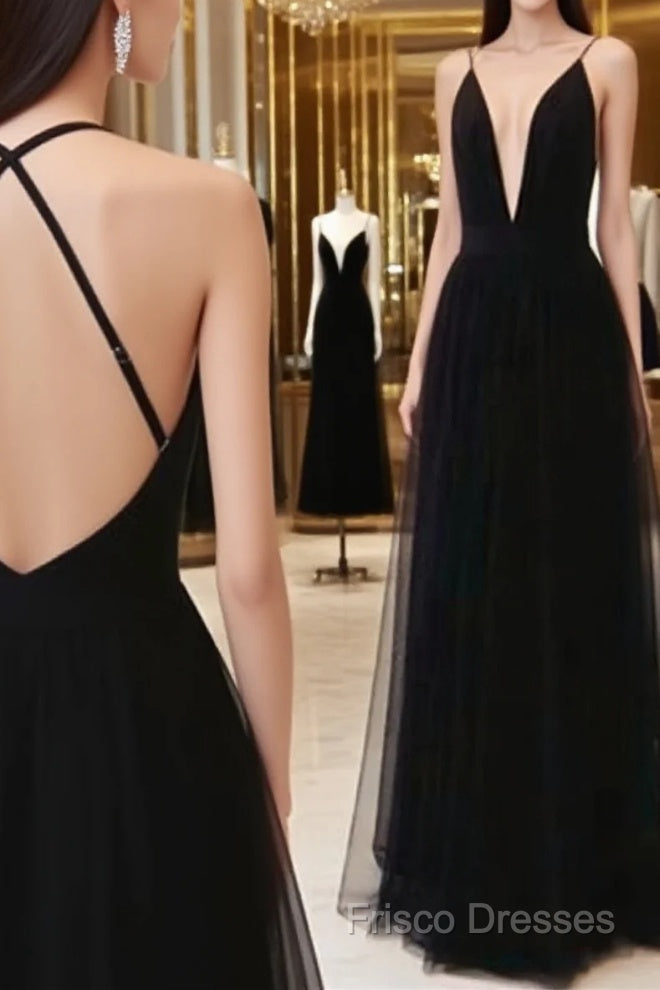 Custom Made A Line V Neck Black Backless Formal Prom Dress, Black Backless Formal Dress, Bridesmaid Dress Main image