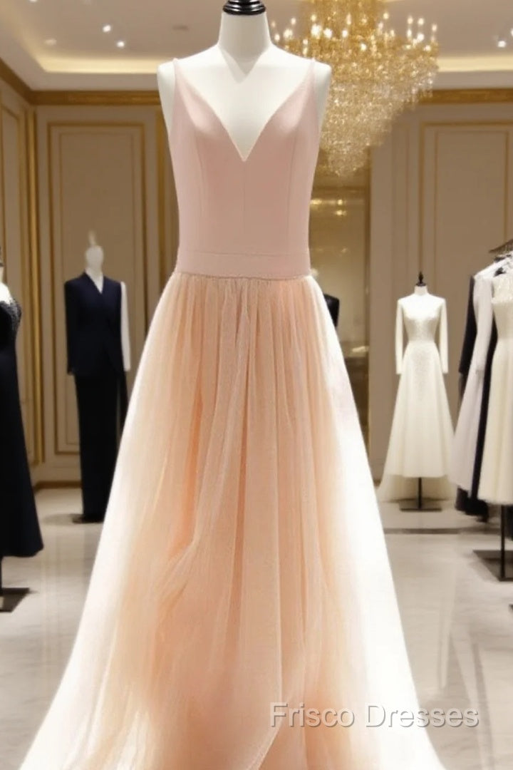 Custom Made A Line V Neck Champagne Tulle Formal Prom Dress, Champagne Wedding Dress, A Line V Neck Graduation Dress Main image