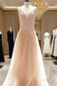 Custom Made A Line V Neck Champagne Tulle Formal Prom Dress, Champagne Wedding Dress, A Line V Neck Graduation Dress