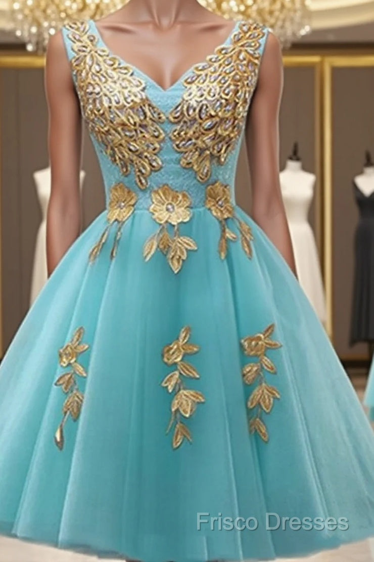 Custom Made A Line V Neck Light Blue Short Tulle Formal Prom Dress, Short Bridesmaid Dress, Homecoming Dress, Graduation Dress Main image