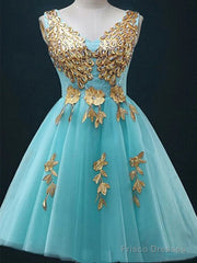 Custom Made A Line V Neck Light Blue Short Tulle Prom Dresses, Short Bridesmaid Dresses, Homecoming Dress, Graduation Dresses