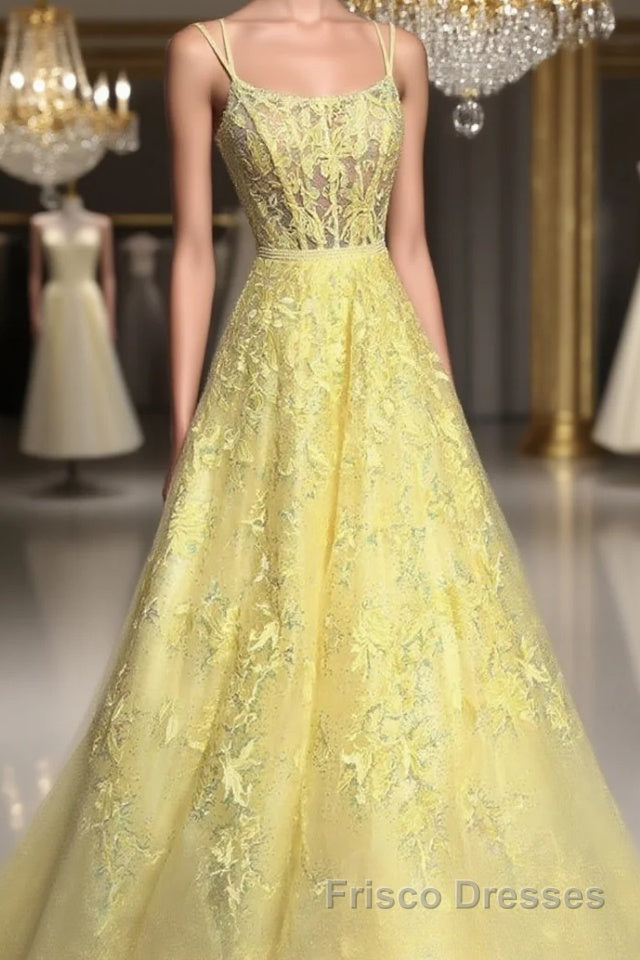 Custom Made Backless Yellow Lace Floral Long Formal Prom Dresses, Yellow Lace Formal Graduation Evening Dresses Main image