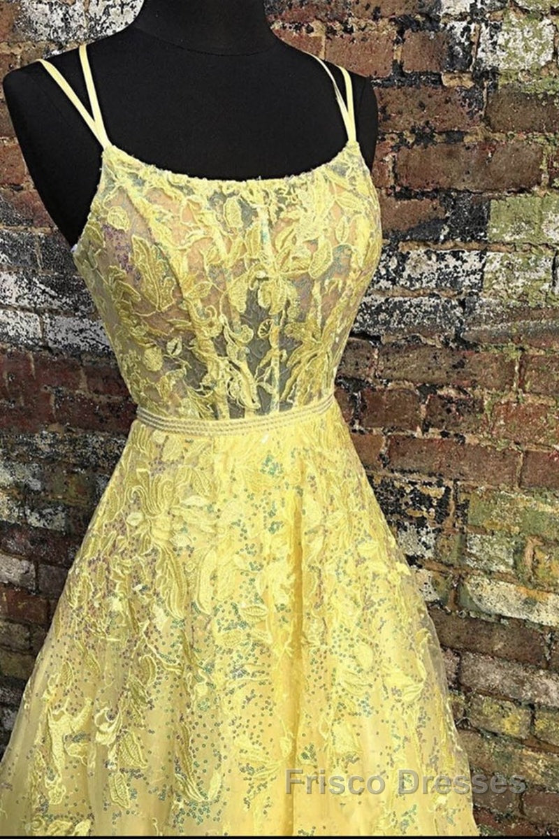 Custom Made Backless Yellow Lace Floral Long Formal Prom Dresses, Yellow Lace Formal Graduation Evening Dresses Secondary image