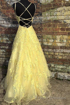 Custom Made Backless Yellow Lace Floral Long Formal Prom Dresses, Yellow Lace Formal Graduation Evening Dresses