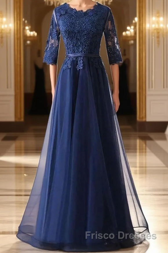 Custom Made Long Sleeves Navy Blue Lace Formal Prom Dresses, Long Sleeves Lace Bridesmaid Dresses, Long Sleeves Navy Blue Lace Formal Graduation Evening Dresses Main image