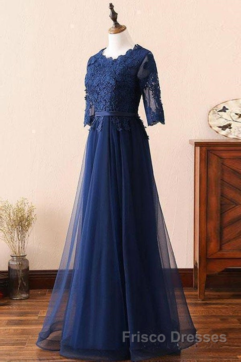 Custom Made Long Sleeves Navy Blue Lace Formal Prom Dresses, Long Sleeves Lace Bridesmaid Dresses, Long Sleeves Navy Blue Lace Formal Graduation Evening Dresses