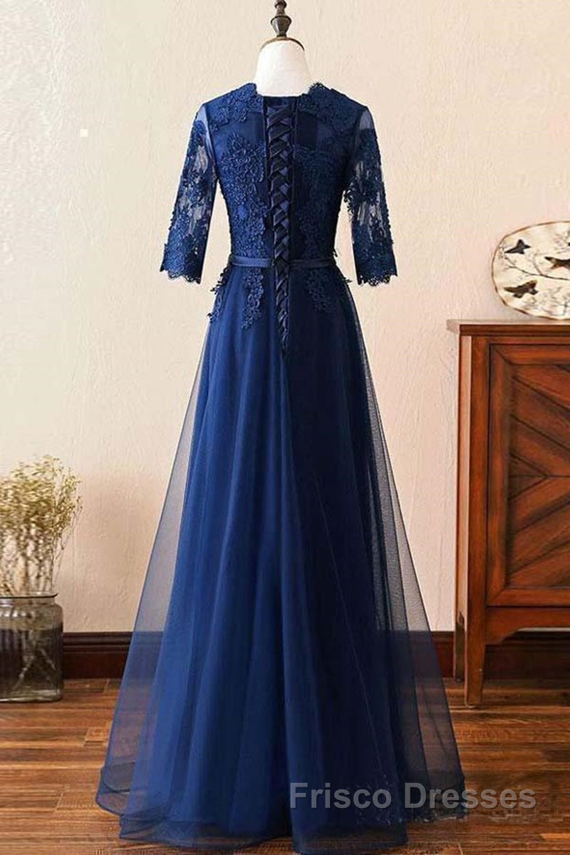 Custom Made Long Sleeves Navy Blue Lace Formal Prom Dresses, Long Sleeves Lace Bridesmaid Dresses, Long Sleeves Navy Blue Lace Formal Graduation Evening Dresses