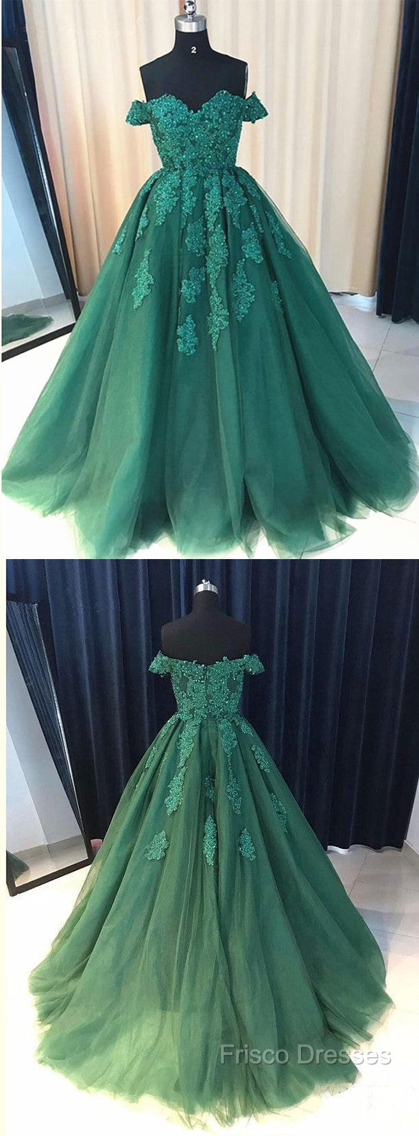 Custom Made Off Shoulder Emerald Green Lace Formal Prom Dress, Green Formal Dress, Lace Formal Prom Gown