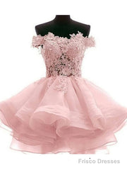 Custom Made Off Shoulder Pink Lace Short Prom Dresses, Pink Lace Bridesmaid Dresses, Homecoming Dresses
