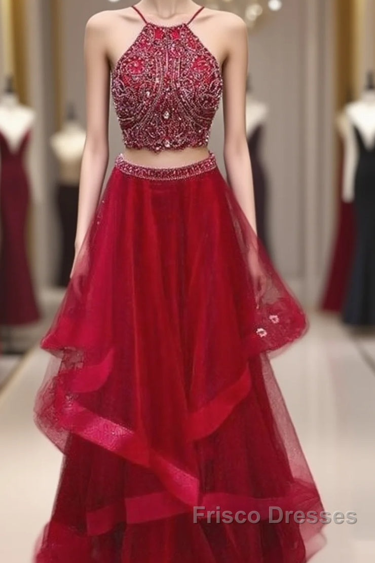 Custom Made Red Two Pieces Sequin Long Formal Prom Dress, Evening Dress Main image