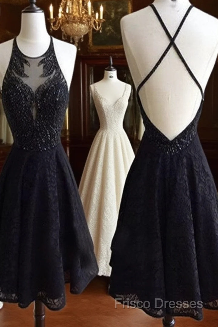 Custom Made Round Neck Backless Short Black Lace Formal Prom Dress, Short Black Lace Formal Dress Main image