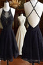 Custom Made Round Neck Backless Short Black Lace Formal Prom Dress, Short Black Lace Formal Dress